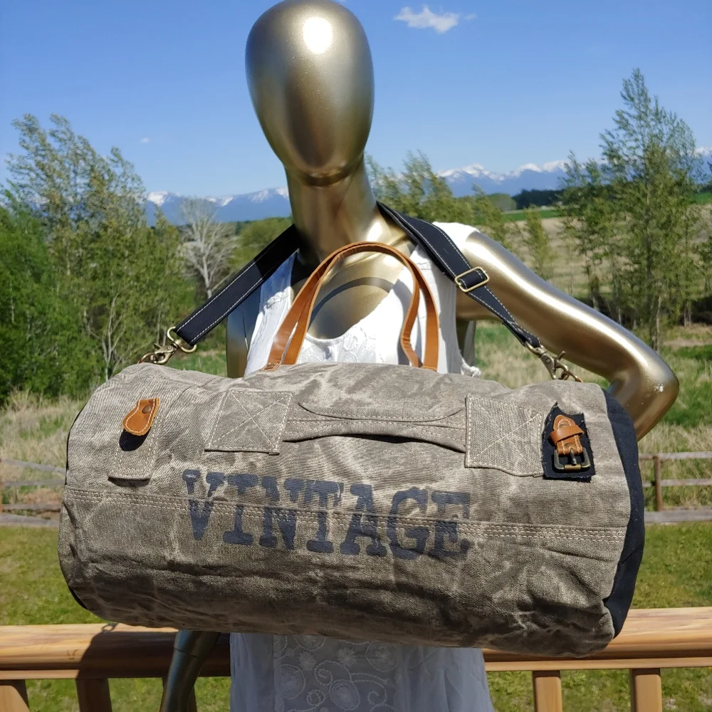 Vintage Canvas Duffel Bag with Leather Accents - Gray
